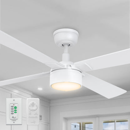 A Smafan Admiral 52-inch modern all-white ceiling fan with an integrated glowing LED light kit, mounted on a plain white ceiling. The inset graphics in the bottom left corner display the matching white wall control switch and handheld remote control from Carro. 