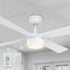 A Smafan Admiral 52-inch modern all-white ceiling fan with an integrated glowing LED light kit, mounted on a plain white ceiling. The inset graphics in the bottom left corner display the matching white wall control switch and handheld remote control from Carro. 