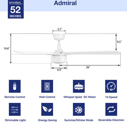 A technical product infographic for the Smafan Admiral 52-inch ceiling fan. The top section features a white side-view schematic with precise measurements. The bottom section displays eight blue square icons outlining key features: Remote Control, Wall Control, Whisper-Quiet DC Motor, 10-Speed, Dimmable Light, Energy-Saving, Summer/Winter Mode, and Reversible Direction. 