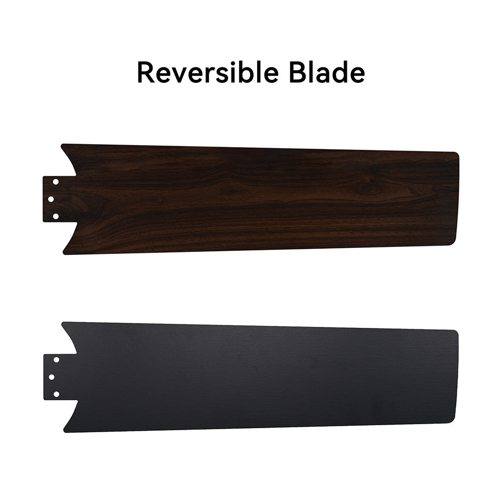 Ceiling fan with reversible blades infographic displaying a dual finish option of a rich dark walnut wood grain side and a solid black side. 