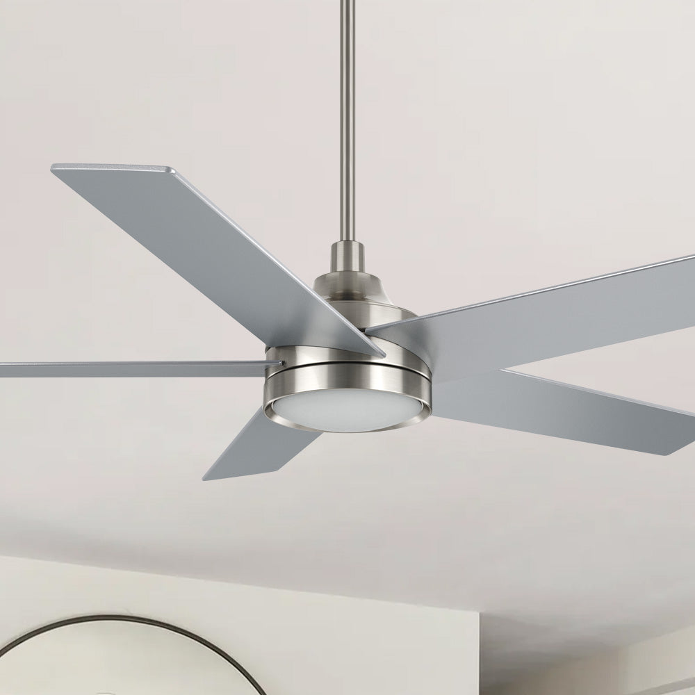 Albi Brushed nickel ceiling fan with light featuring a 52 inch sleek profile and 5 silver blades, suspended via a long downrod from a white ceiling. 