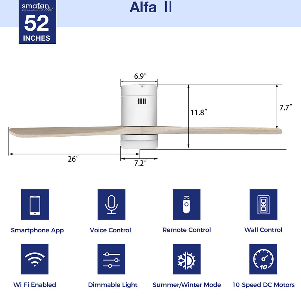 Smafan Alfa II 52-inch smart low-profile outdoor ceiling fan with light in white, featuring Wi-Fi connectivity, smartphone/voice/remote/wall controls, dimmable LED lighting, 10-speed DC motor, and summer/winter mode. 