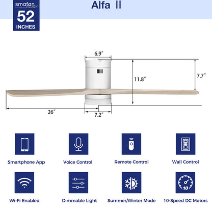 Smafan Alfa II 52-inch smart low-profile outdoor ceiling fan with light in white, featuring Wi-Fi connectivity, smartphone/voice/remote/wall controls, dimmable LED lighting, 10-speed DC motor, and summer/winter mode. 