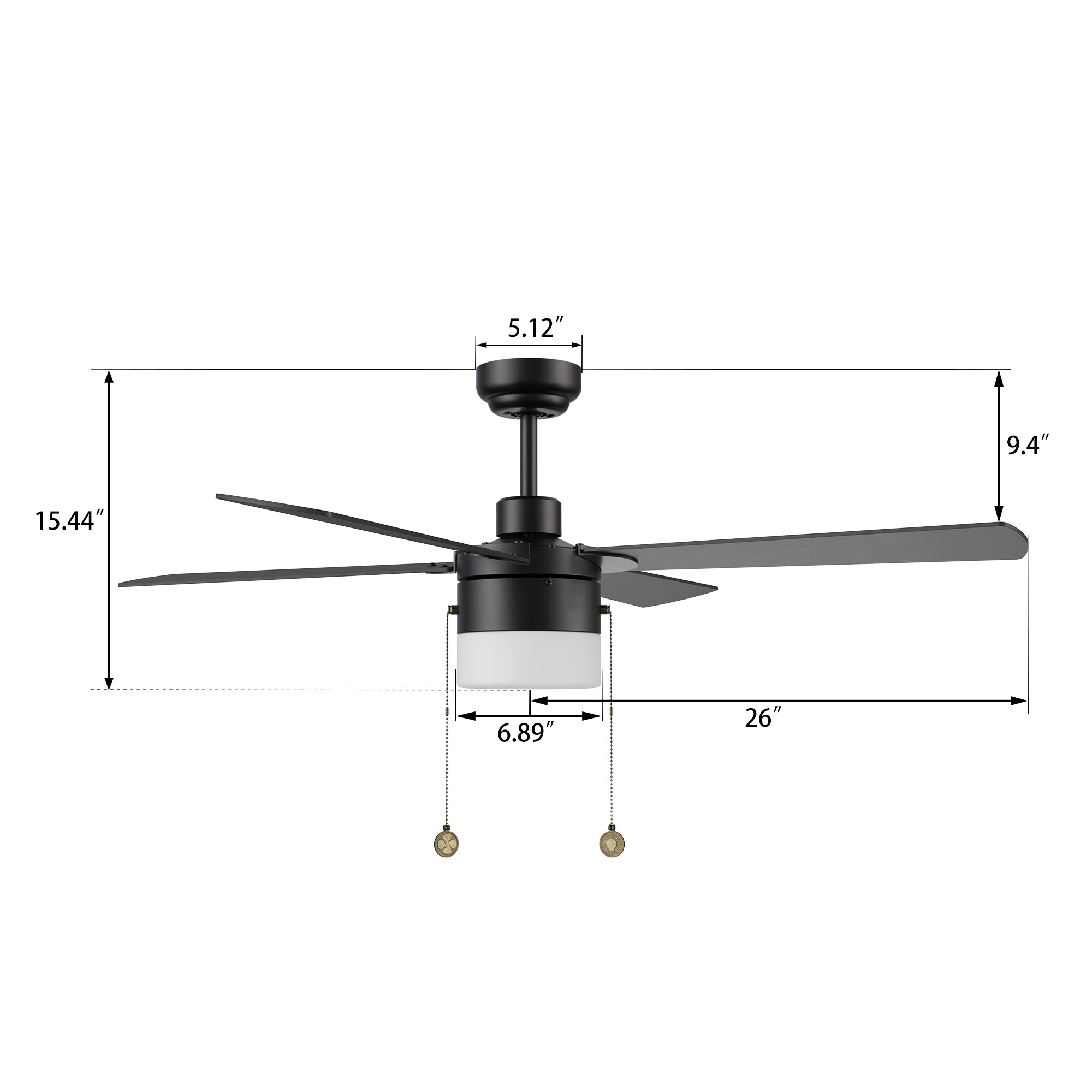 The dimension image of 52 inch black pull-chain ceiling fan with four plywood blades. 