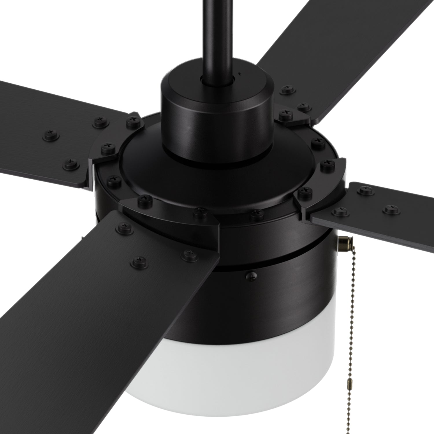 52inch black modern downrod mounting ceiling fan featuring with pull-chain design. 