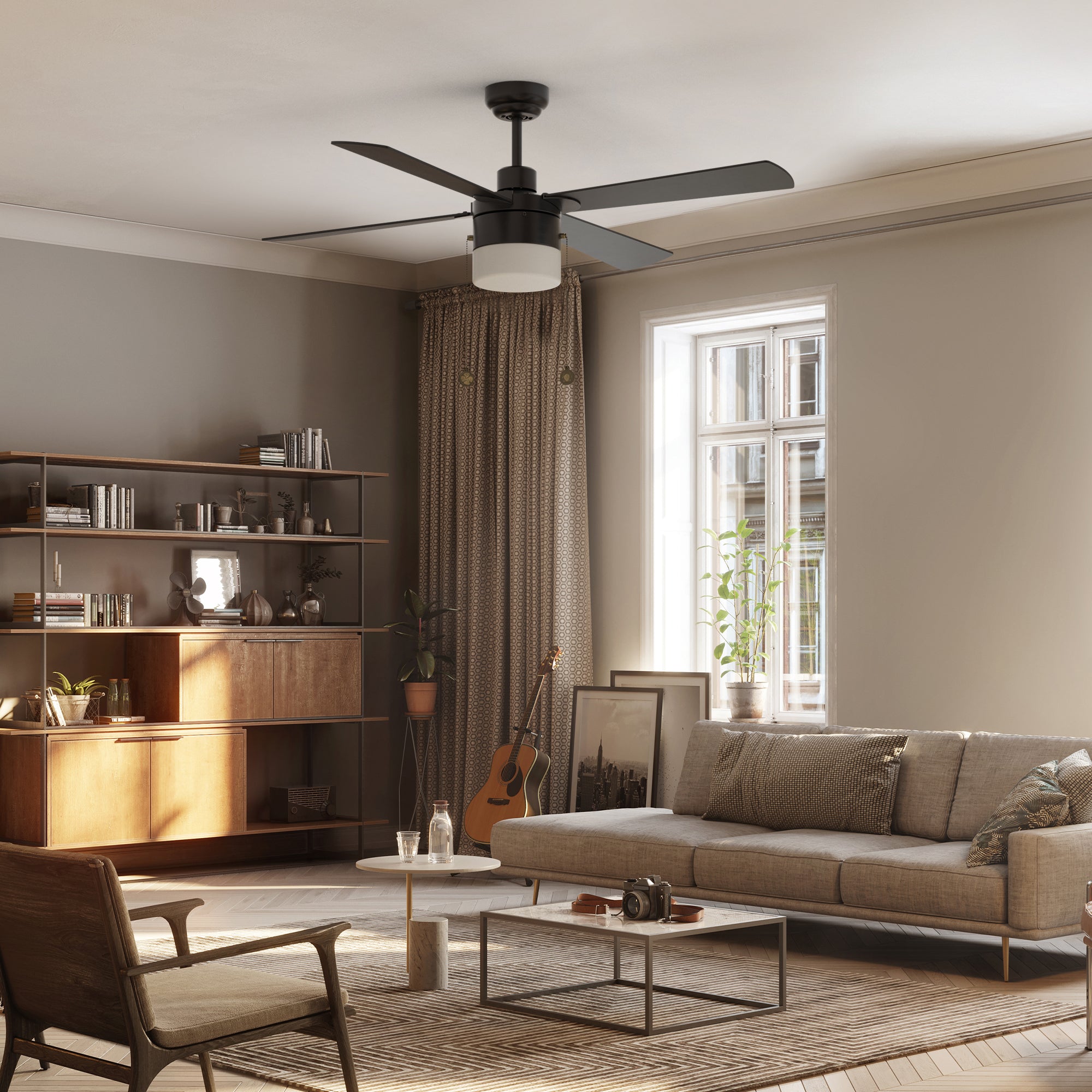 52inch black pull chain ceiling fan with four plywood blades. Featuring with 3-speed ac motor, provide max 4716 CFM airflow, which keep your modern living room cooling. 