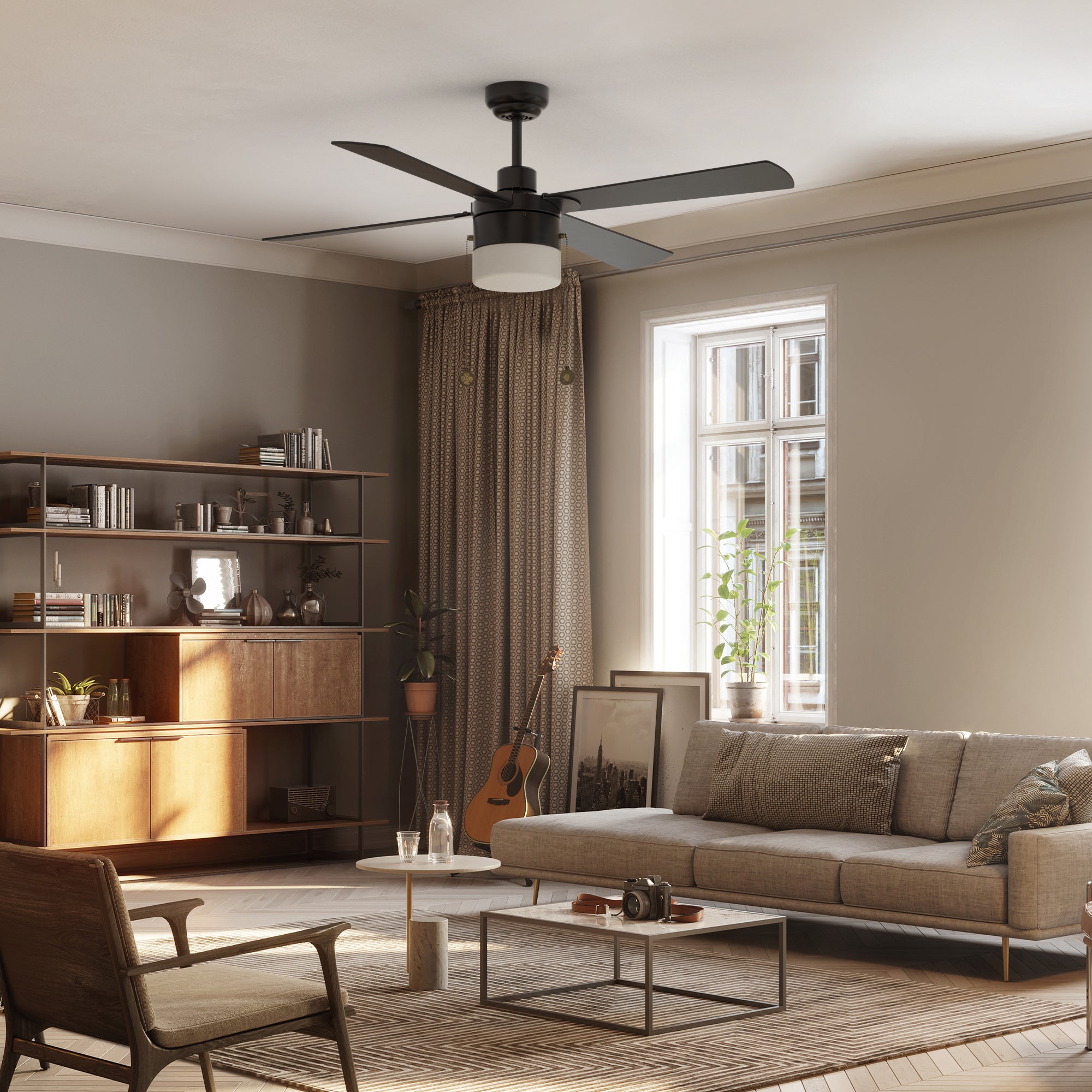 52inch black pull chain ceiling fan with four plywood blades. Featuring with 3-speed ac motor, provide max 4716 CFM airflow, which keep your modern living room cooling. 