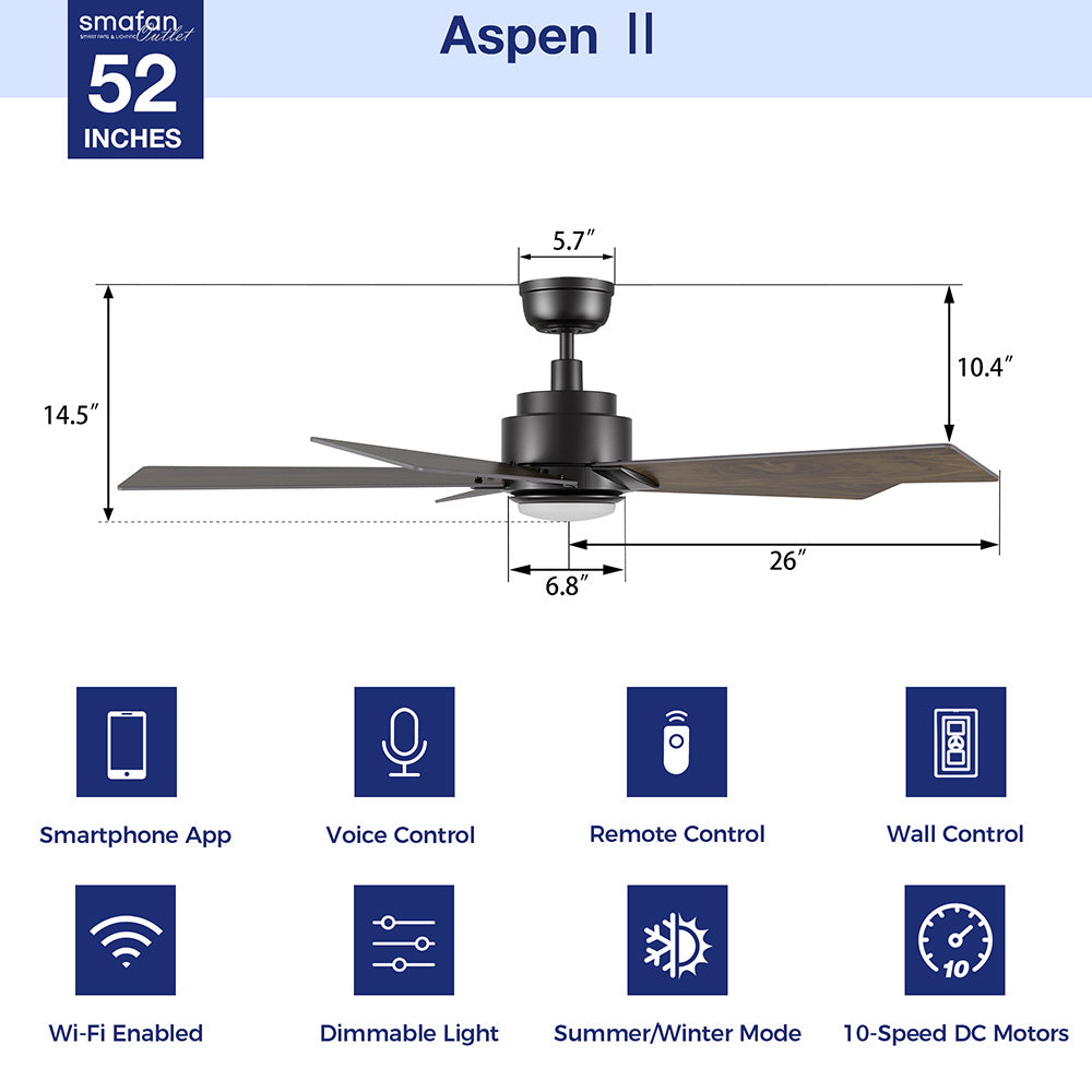 Infographic of a Smafan Aspen II 52-inch smart ceiling fan, damp rated for indoor/outdoor covered spaces. Features listed include smartphone app, voice, remote, and wall control, Wi-Fi enabled, dimmable light, summer/winter mode, and a 10-speed DC motor. Key dimensions are marked: 14.5-inch height, 26-inch blade length, and other minor measurements. 