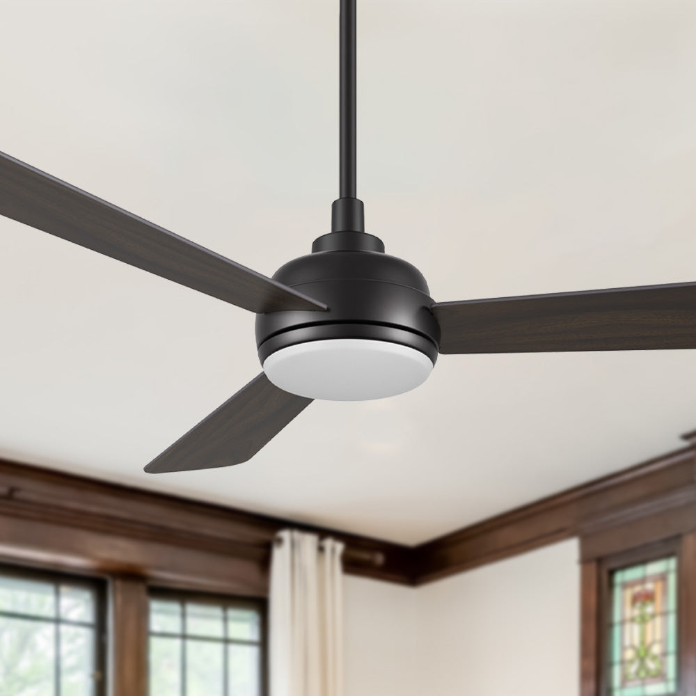 A Smafan Audra 52-inch modern black ceiling fan with LED light and reversible dark wood finish blades, mounted on a white ceiling with a downrod. 