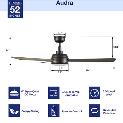 A detailed image of the Smafan Audra 52-inch smart ceiling fan, featuring a matte black housing and three dark wood-finish blades, designed for indoor use. The fan includes an integrated LED light kit and is depicted with key dimensions: a total height of 14 inches (from ceiling to light fixture), a blade span of 52 inches (indicated by &quot;52 INCHES&quot; and &quot;26&quot;&quot; for half-span), a canopy diameter of 5.7 inches, and a motor housing width of 8.1 inches. 