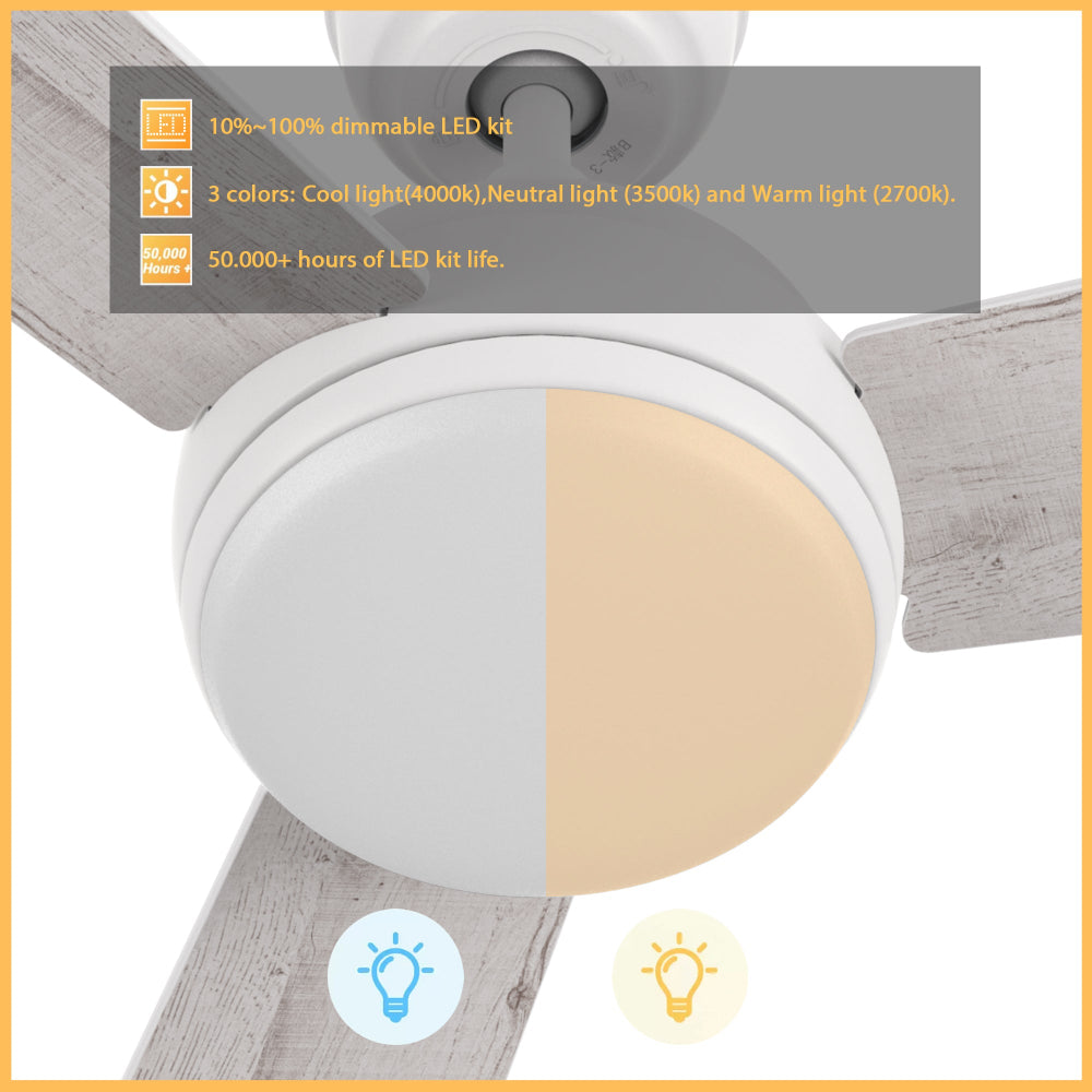 A Smafan Audra 52-inch modern ceiling fan in white with light wood-tone blades and an integrated dimmable LED light. The image shows three color temperature options—cool white, neutral, and warm—along with dimmable 10–100% brightness and a 50,000+ hour lifespan. This large ceiling fan offers an energy-efficient solution for airflow and adjustable lighting. 