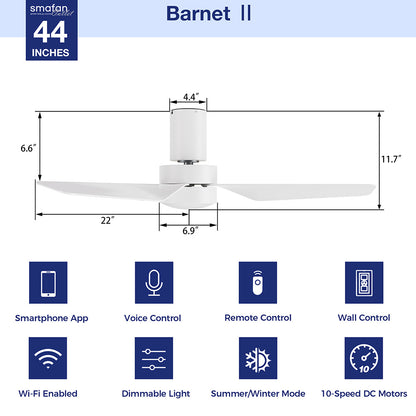 Feature overview of the Smafan Barnet2 44-inch smart flush mount ceiling fan with icons for Wi-Fi, voice control, app control, remote, dimmable light, and 10-speed DC motor. 