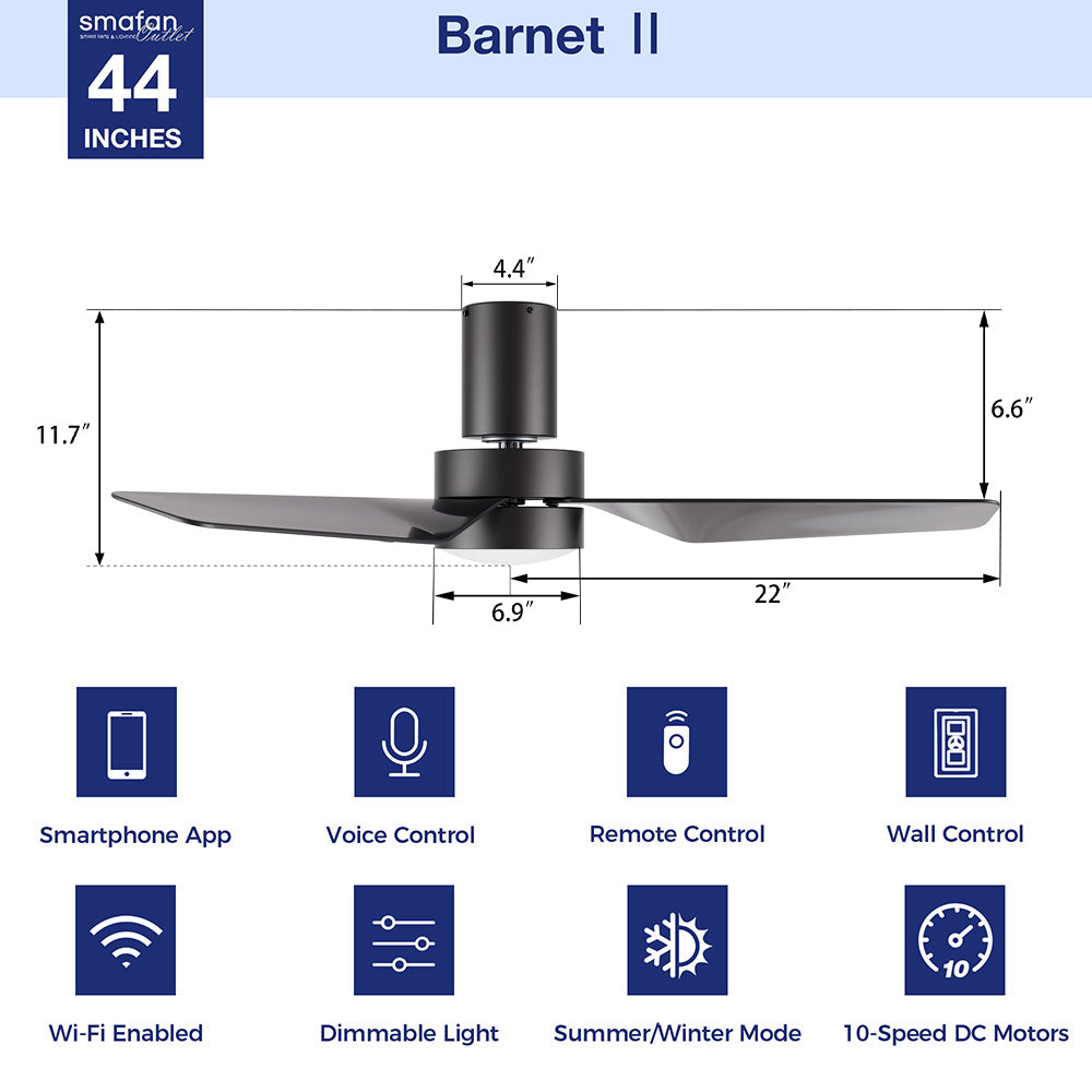 Barnet2 44inch Wifi smart ceiling fan is a simplicity designing with Black finish, use very strong ABS blades and has an integrated 4000K LED cool light. The fan features Remote control, wall control, Wi-Fi apps, Siri Shortcut and Voice control technology (compatible with Amazon Alexa and Google Home Assistant ) to set fan preferences. 