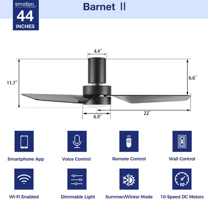 Barnet2 44inch Wifi smart ceiling fan is a simplicity designing with Black finish, use very strong ABS blades and has an integrated 4000K LED cool light. The fan features Remote control, wall control, Wi-Fi apps, Siri Shortcut and Voice control technology (compatible with Amazon Alexa and Google Home Assistant ) to set fan preferences. 