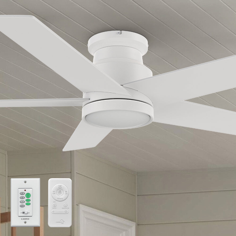 Smafan Bayu 52 inch low profile white ceiling fan with light, modern hugger style with 5 blades, integrated LED light, and two remote controls (handheld and wall control) included.