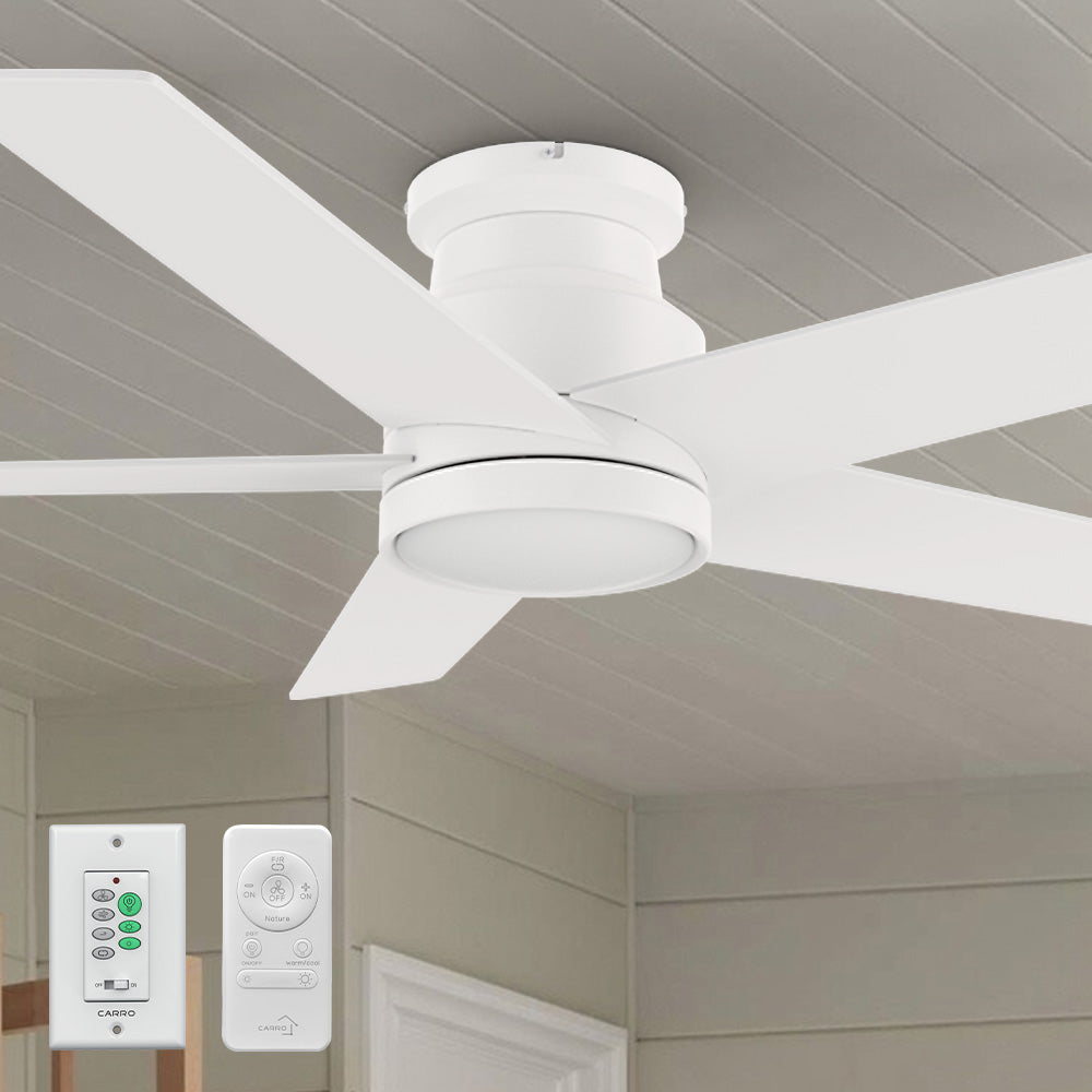 Smafan Bayu 52 inch low profile white ceiling fan with light, modern hugger style with 5 blades, integrated LED light, and two remote controls (handheld and wall control) included. 