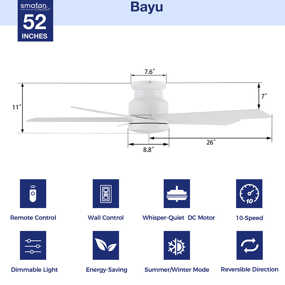 Smafan Bayu 52 inch white low profile ceiling fan with light, illustrated with dimensions showing 11" height, 7.6" depth, 8.8" motor housing width, and 26" blade span. Below the fan, eight icons highlight features: remote control, wall control, whisper-quiet DC motor, 10-speed settings, dimmable light, energy-saving design, summer/winter mode, and reversible direction. 