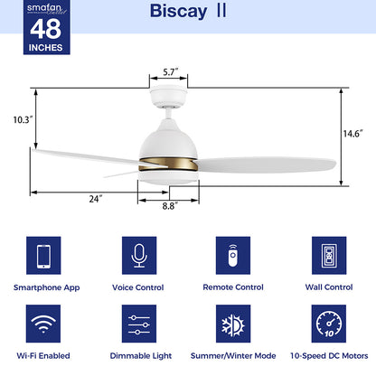 A diagram of the Smafan Biscay2 48-inch white smart ceiling fan with light, showing dimensions: 5.7&quot; wide ceiling hub, 14.6&quot; total height, 10.3&quot; blade length, 8.8&quot; fan body height, and 24&quot; blade span.  Features listed below include: smartphone app, voice control, remote control, wall control, Wi-Fi enabled, dimmable light, summer/winter mode, and 10-speed DC motors.  The Smafan logo and &quot;Biscay II 48 Inches&quot; are displayed at the top. 