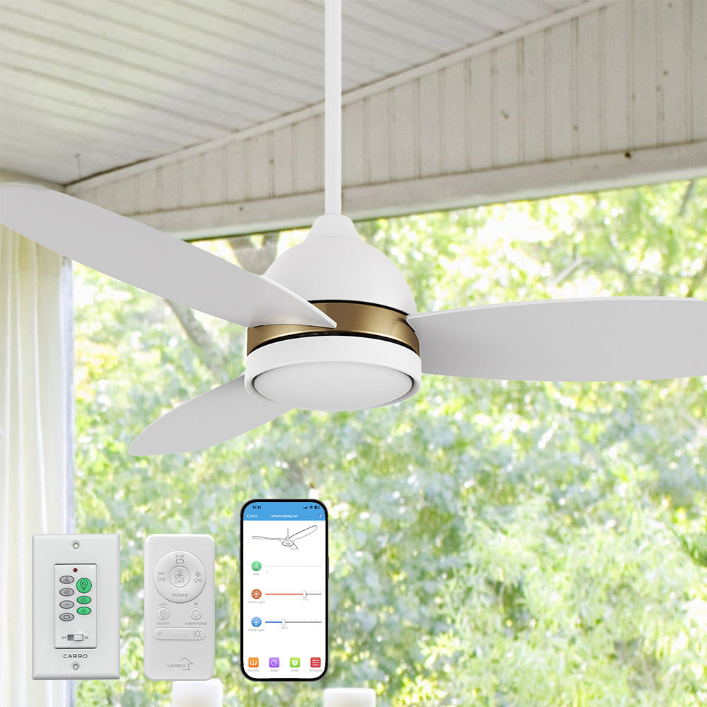 A Smafan Biscay2 outdoor smart white ceiling fan with light, featuring five white blades, installed in a covered outdoor space with large windows and white curtains.  The fan has a gold accent ring.  Below, three control methods are shown: a wall-mounted control labeled &quot;CARRO&quot; with multiple buttons, a handheld remote with similar functionality, and a smartphone displaying a smart fan control app interface.  The background shows a lush green outdoor view. 