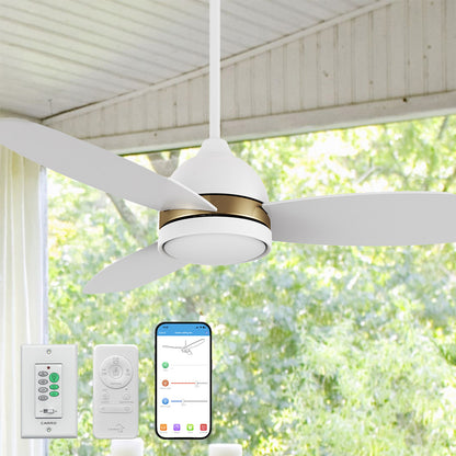 A Smafan Biscay2 outdoor smart white ceiling fan with light, featuring five white blades, installed in a covered outdoor space with large windows and white curtains.  The fan has a gold accent ring.  Below, three control methods are shown: a wall-mounted control labeled &quot;CARRO&quot; with multiple buttons, a handheld remote with similar functionality, and a smartphone displaying a smart fan control app interface.  The background shows a lush green outdoor view. 