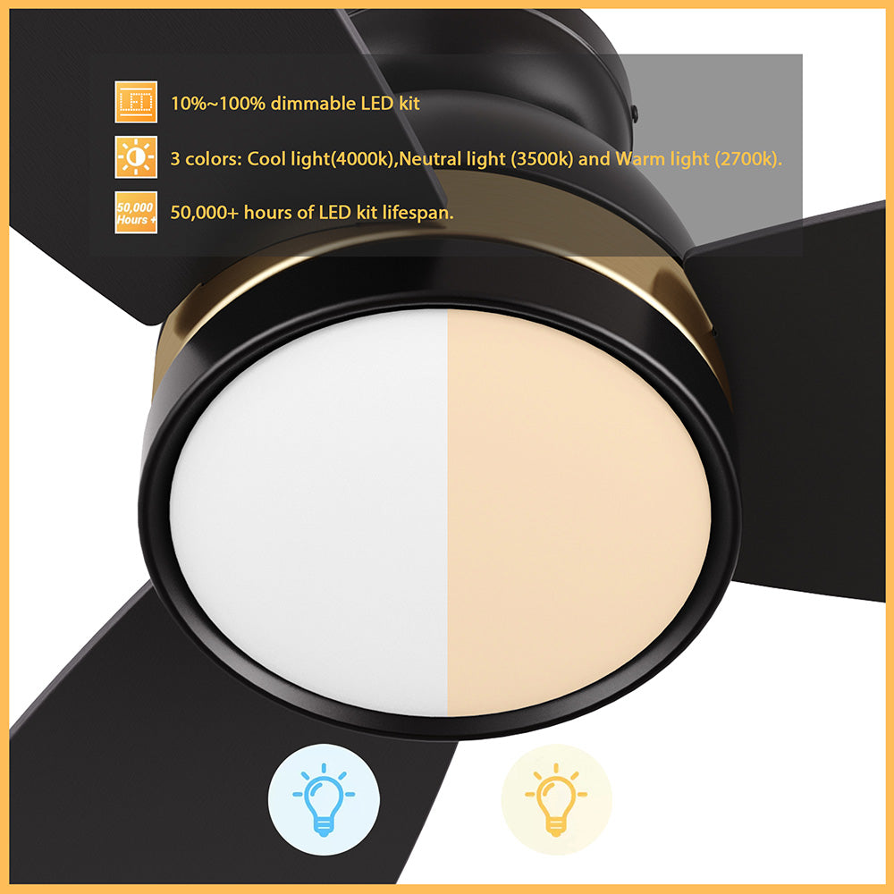 Black and gold flush mount LED lighting ceiling fan close-up featuring a dimmable 3-color LED kit from 2700K to 4000K. 