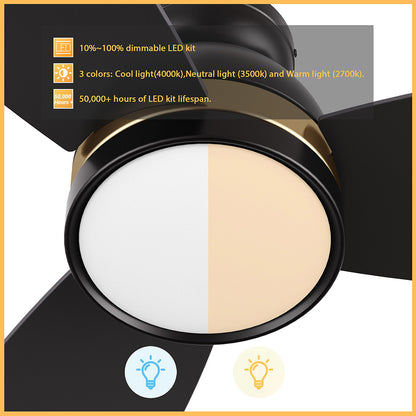 Black and gold flush mount LED lighting ceiling fan close-up featuring a dimmable 3-color LED kit from 2700K to 4000K. 