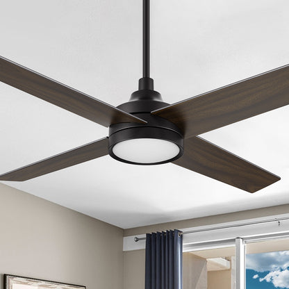 Smafan Bryant 52 inch black ceiling fan with light featuring 4 dark wood blades and integrated round LED light mounted on an indoor ceiling. 