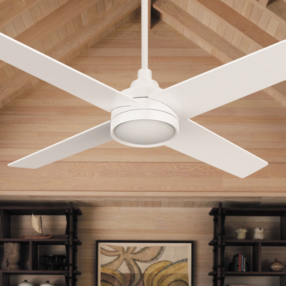 Smafan Bryant 52 inch white ceiling fan with integrated round LED light and 4 blades installed on a wood plank vaulted ceiling. 