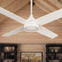 Smafan Bryant 52 inch white ceiling fan with integrated round LED light and 4 blades installed on a wood plank vaulted ceiling. 