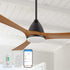 Modern matte black ceiling fan with light and three natural wood blades, showcasing a white wall control switch, a handheld remote, and a mobile smart app interface. The image highlights triple control accessibility options for a contemporary smart home fixture. 
