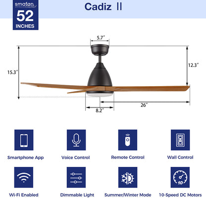 Smafan Cadiz II 52 inch smart ceiling fan with dimmable light, black motor housing, and wood blades, featuring app control, voice control, remote, wall control, Wi-Fi connectivity, reversible airflow, and 10-speed DC motor. 