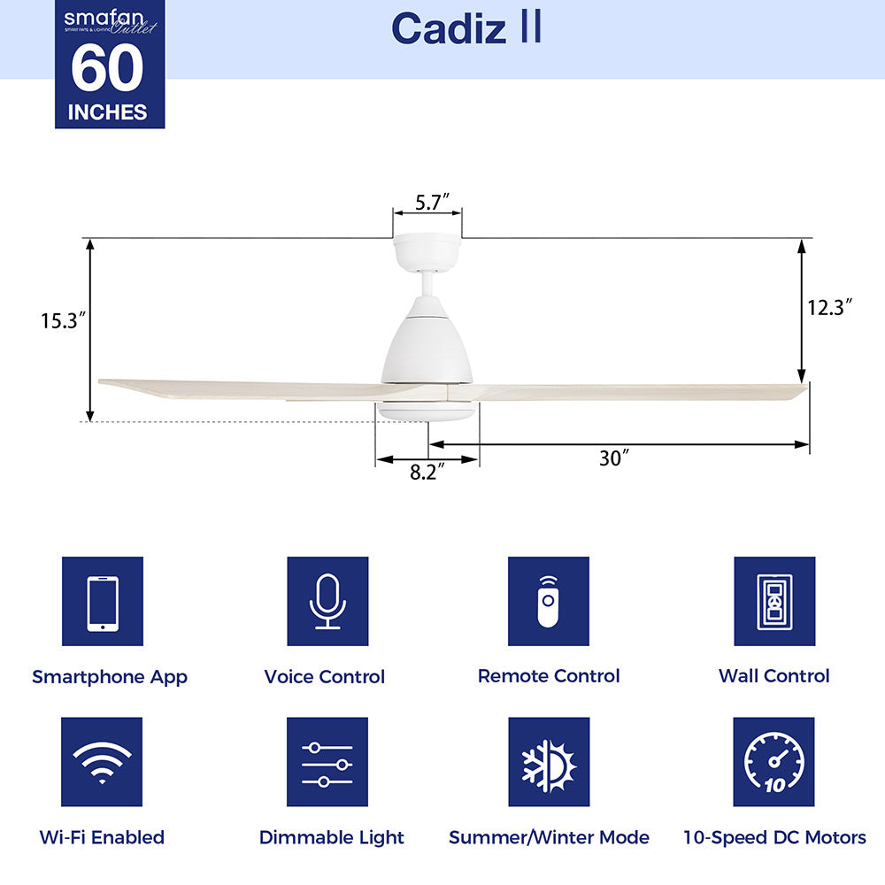 Cadiz Ⅱ 60" Outdoor/Indoor Smart Ceiling Fan with Light &amp; Wall Control