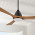 3-blade wood ceiling fan featuring a matte black motor housing and integrated white dome LED light kit. The unit is installed below a white paneled ceiling, emphasizing its contemporary, high-contrast style. 