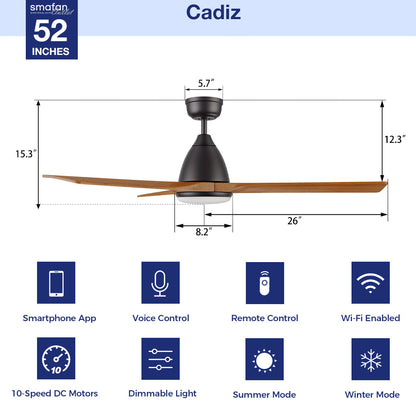 A technical product infographic for the Smafan Cadiz 52-inch smart ceiling fan. The top section shows a side-view schematic with precise measurements. The bottom section displays eight icons outlining key smart and mechanical features: Smartphone App, Voice Control, Remote Control, Wi-Fi Enabled, 10-Speed DC Motors, Dimmable Ligh 