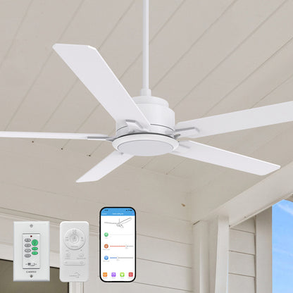 Essex large smart ceiling fan in white with light is mounted on a porch ceiling using a matching downrod. This modern outdoor ceiling fan features 5 blades for powerful airflow and stylish design. Below the fan are three control options: a CARRO wall switch, a CARRO handheld remote, and a smartphone app interface, showing its smart versatility. 