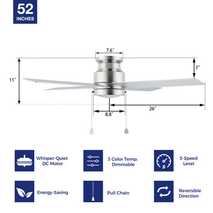 Dimensions and key features of this 52-inch modern ceiling fan, showcasing size and functional details including ceiling fan pull chain, easy fan installation, 5-speed ,3 color temp. whisper motor, durable LED light kit, energy efficient, indoor use, summer mode, winter mode