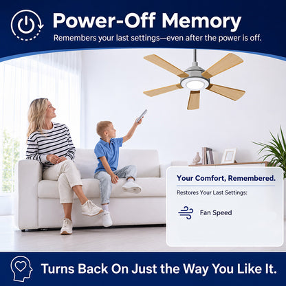 Smafan ceiling fan power-off memory feature restoring last settings with remote control in living room.