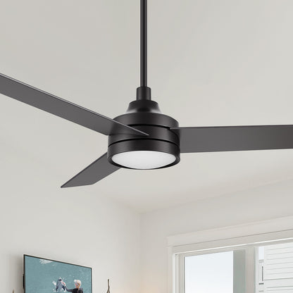 Smafan Dulon 52 inch modern matte black 3 blade ceiling fan with integrated LED light installed on a white living room ceiling. 