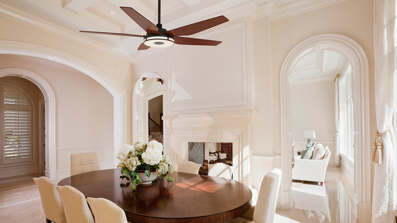 Smafan Explorer smart ceiling fan with light in a classic dining room with high ceiling and floral centerpiece.