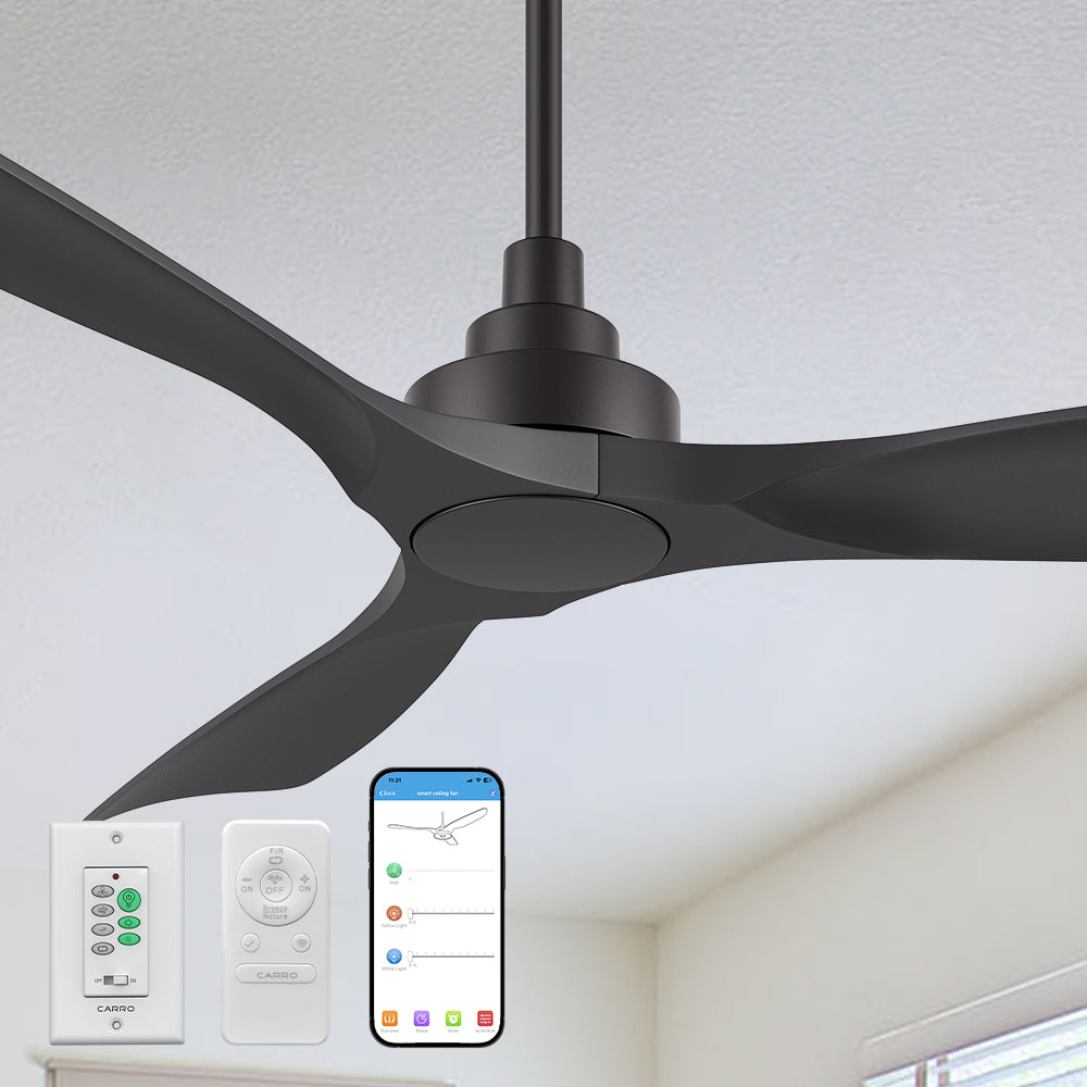 Smafan Kilk 52-inch smart ceiling fan in black, equip with wall switch and remote control, without light, mounted on a ceiling with a plain indoor background, featuring a window and minimal furnishings. 