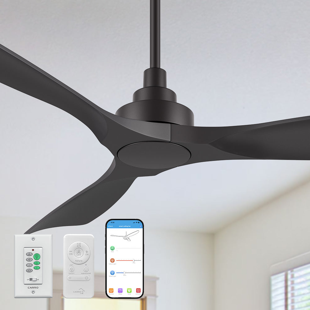 Smafan Kilk 52-inch smart ceiling fan in black, equip with wall switch and remote control, without light, mounted on a ceiling with a plain indoor background, featuring a window and minimal furnishings. 