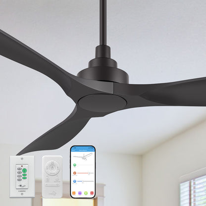 Smafan Kilk 52-inch smart ceiling fan in black, equip with wall switch and remote control, without light, mounted on a ceiling with a plain indoor background, featuring a window and minimal furnishings. 
