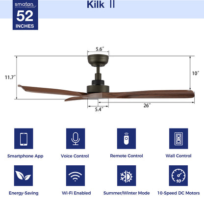 Smafan Kilk II 52-inch ceiling fan with a dark finish and wood-look blades, displayed with key dimensions and icons for features including Wi-Fi, smartphone app control, and 10-speed DC motors. 