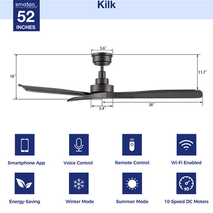 Smafan Kilk 52-inch smart ceiling fan in black, without light, with a diagram highlighting features including Smartphone App, Voice Control, Remote Control, and Wi-Fi Enabled icons. 
