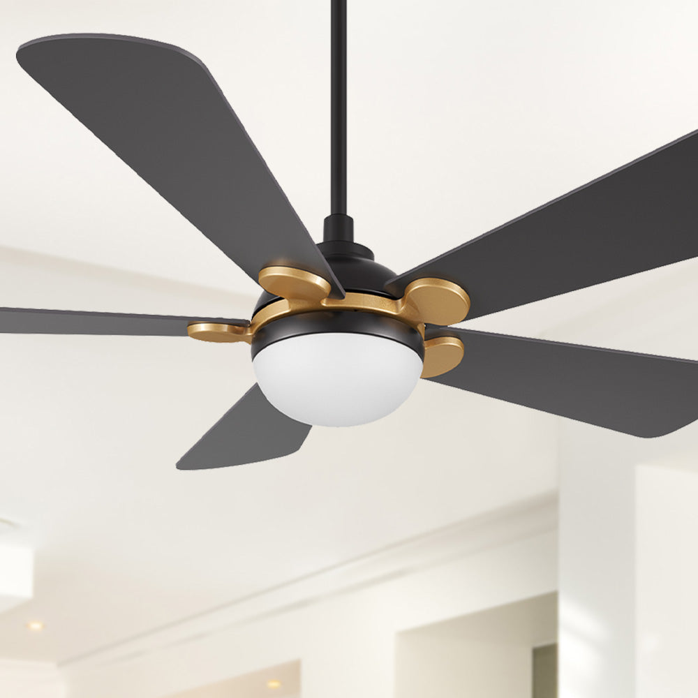 Lille 52 inch modern black and gold ceiling fan with an integrated LED light fixture, installed on a white ceiling. The fan features five dark blades extending from a golden-accented central body. 