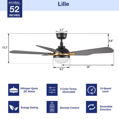A diagram of the Smafan Lille 52-inch ceiling fan with light, showing its dimensions and key features. The diagram includes measurements for the fan&
