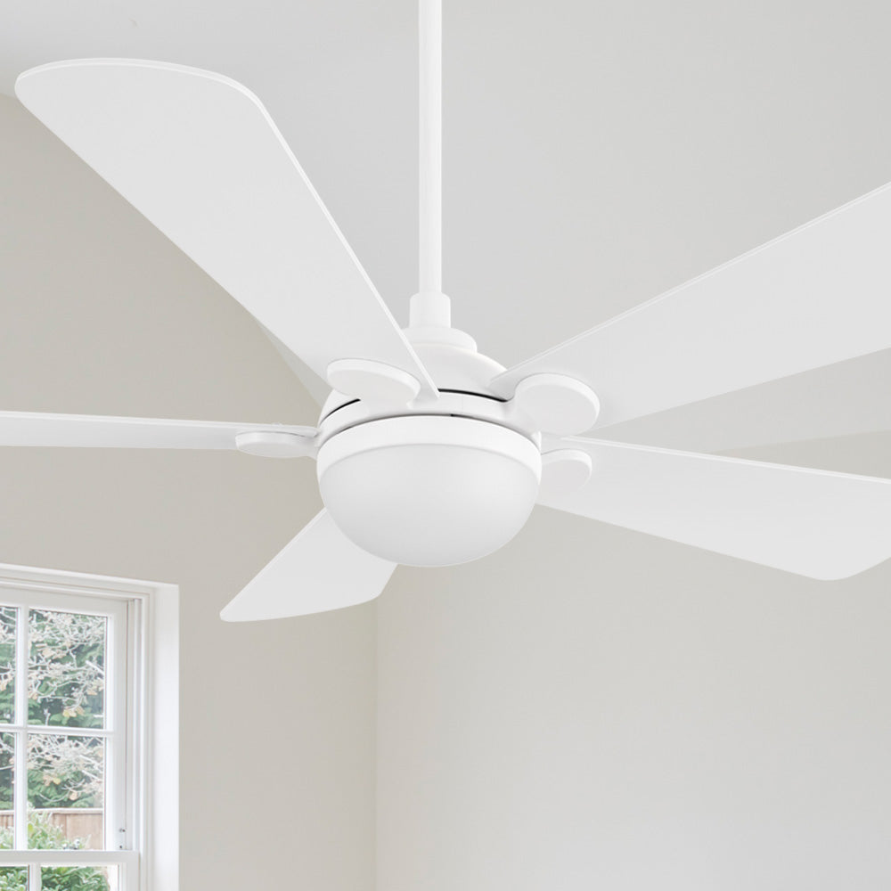 Smafan Lille Modern Ceiling Fan with LED Light and Remote, 52-inch in White finish, mounted on a white ceiling. The fan features five white blades and a central integrated frosted LED light kit. A window with a view of greenery is visible on the lower left. 