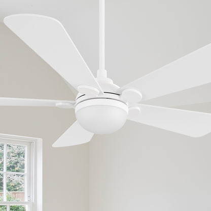 Smafan Lille Modern Ceiling Fan with LED Light and Remote, 52-inch in White finish, mounted on a white ceiling. The fan features five white blades and a central integrated frosted LED light kit. A window with a view of greenery is visible on the lower left. 