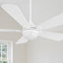 Smafan Lille Modern Ceiling Fan with LED Light and Remote, 52-inch in White finish, mounted on a white ceiling. The fan features five white blades and a central integrated frosted LED light kit. A window with a view of greenery is visible on the lower left. 