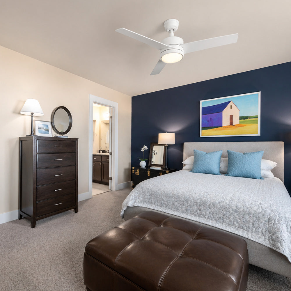 Modern bedroom with Smafan Louy 52" 3-blade ceiling fan with light, navy accent wall, upholstered bed, and clean decor. A bedroom ceiling fan with light in crisp white finish. 